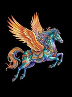 Ornate winged horse with vibrant orange, purple, and teal decorative patterns, isolated on transparent background. Ready for t-shirts, stickers, clipart, and print-on-demand designs.