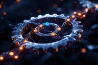 Futuristic circular mechanical structure with glowing elements and sparks against dark background, featuring intricate technological details and atmospheric lighting.