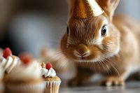 Adorable brown bunny wearing golden party hat looking at mini cupcakes with cream and strawberry toppings on wooden surface, celebrating special occasion.