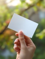 Female hand holding blank white business card against blurred natural green background, mockup for branding and corporate identity presentation.