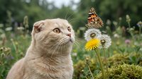 Young gray cat with folded ears watching butterfly perched on yellow dandelion flower in green garden meadow, curious pet observing nature outdoors.