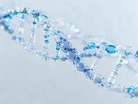 Translucent blue DNA helix structure with glass-like appearance on light background shows genetic research and biotechnology advancement in medical science.