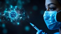 Young female medical professional in protective mask with syringe facing glowing virus particle visualization on dark background with blue light effects.