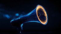 Glowing blue and orange megaphone silhouette on dark background with digital particle effects, representing communication and announcement technology.