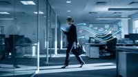 Professional businessman in suit walking through modern office with digital technology data streams and connectivity icons flowing around him in corporate environment.