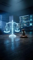 Digital justice scales hologram with wooden gavel on desk in modern tech office with computer screens showing cybersecurity data and legal technology interface.