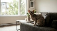 Adorable tabby cat sitting on modern gray sofa in bright living room with large window, coffee table and minimalist home decor for pet lifestyle content.