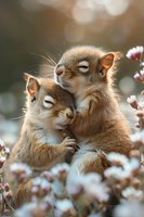 Two affectionate squirrels cuddling among spring cherry blossoms, showing tender moment with eyes closed against soft bokeh background in warm sunlight.