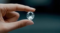 Sparkling round cut diamond held between fingers against dark background, showcasing brilliance and clarity of precious gemstone in elegant jewelry presentation.
