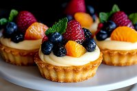 Fresh fruit tarts with vanilla custard filling topped with strawberries, blueberries, blackberries and mandarin segments on crisp golden pastry base.