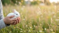 White rabbit held in hands against blurred green meadow background. Suitable for Easter, spring, nature, and pet-related designs.