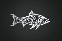 Stylized tribal fish design with ornate swirling patterns in white silhouette against dark background, featuring decorative fins and detailed eye motif. Suitable for logo design.