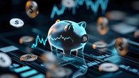 Glowing piggy bank with financial chart hologram and floating dollar coins on dark background, representing savings growth and investment technology.