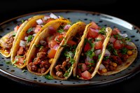 Mexican street tacos with seasoned ground beef, fresh tomatoes, onions, and cilantro garnish on corn tortillas served on rustic plate against dark background.
