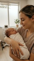 Young Caucasian mother holding newborn baby in hospital room with natural lighting. Tender maternal bonding moment after childbirth in medical facility.