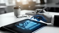 Professional businessman hand using stylus pen on digital tablet displaying blue healthcare medical interface with stethoscope and coffee cup on desk.