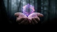 Businessman hands holding glowing purple energy spiral in dark forest. Digital transformation and innovation concept for technology presentations.