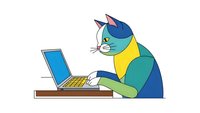 Cartoon cat character working on laptop computer at desk, colorful anthropomorphic feline typing, office workspace illustration for business content.