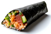 Fresh sushi roll with salmon, tuna, cucumber and rice wrapped in crisp nori seaweed on white background, close-up view of Japanese cuisine.