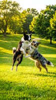 Two dogs playing and jumping together on sunny green lawn with trees in background, outdoor pet activity and recreation.