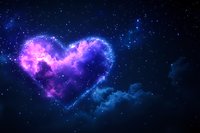 Heart-shaped nebula glowing in vibrant purple and blue hues against dark space background with sparkling stars, cosmic love concept for romantic designs.
