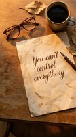 Motivational quote on aged paper with coffee cup and glasses on wooden desk for mindfulness and self-help content.
