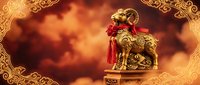 Golden Chinese guardian lion statue with red tassel against dramatic cloudy sky background framed by ornate traditional decorative borders.