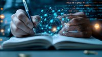Writing in open book with glowing digital network and data visualization overlay, representing education technology and modern learning in blue tones.