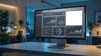 Modern computer monitor displaying financial analytics dashboard with charts and graphs in contemporary office workspace for business data visualization.