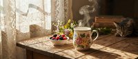 Steaming floral mug and fresh berry bowl on rustic wooden table with lace curtain, sunlight, and sleeping cat in cozy vintage morning setting.