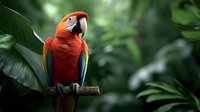 Vibrant scarlet macaw perched on branch against lush green tropical foliage background, displaying colorful red, yellow and blue plumage in natural habitat setting.