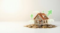 Miniature house model on pile of coins with percentage growth arrows showing real estate investment returns and property value appreciation concept.