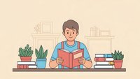 Young man reading book at home desk with plants and books around him for education and learning concept.