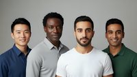 Four diverse young professional men smiling at camera in casual business attire against neutral background for corporate team concepts.