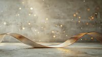 Elegant gold satin ribbon curves gracefully against concrete surface with magical bokeh lights and soft shadows creating festive holiday atmosphere.