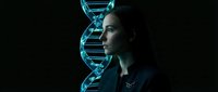 Young Asian female scientist examining glowing DNA double helix structure in dark laboratory environment for genetic research and biotechnology studies.