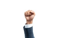 Raised fist of Asian businessman in navy blue suit and white shirt sleeve against white background, symbolizing power, success and determination.