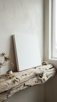 Blank white canvas leaning against textured wall on rustic wooden surface with dried flowers and natural elements in soft window light.