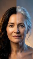 Split screen portrait showing aging process transformation from young to elderly woman with dark hair turning gray showcasing natural beauty evolution.