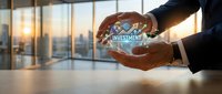 Businessman holding glowing investment hologram above desk with city skyline view through office windows at sunset, representing financial growth and digital wealth management.