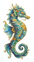 Ornate seahorse with intricate gold, blue, and turquoise decorative patterns, isolated on white background. Suitable for design, clipart, and decorative applications.