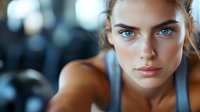 Young Caucasian woman with blonde hair and blue eyes wearing athletic tank top in gym setting with blurred equipment background.