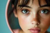 Close up portrait of young woman with freckles and brown eyes against turquoise background. Natural beauty and skin texture captured in soft lighting.