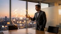 Professional businessman in suit using smartphone with digital network connections overlay in modern office during sunset cityscape view.