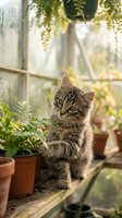 Curious tabby kitten exploring green ferns among terracotta pots on a wooden shelf inside a sunlit greenhouse, nature and pet concept.