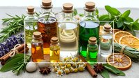 Natural essential oil bottles with herbs, spices and dried citrus for aromatherapy, wellness and holistic healing treatments on rustic wooden background.