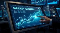 Financial analyst examining market growth data on digital tablet with glowing charts and trading graphs in modern office environment.