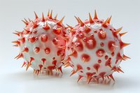 Microscopic view of virus cells with red spikes on white surface, showing detailed structure of pathogen for medical education and scientific research.