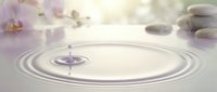 Serene water ripple effect with purple orchid flowers and smooth stones creating a tranquil spa and wellness atmosphere for relaxation and meditation themes.