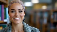 Young Middle Eastern woman with headscarf smiling confidently in modern library or bookstore setting. Professional portrait for education and diversity concepts.